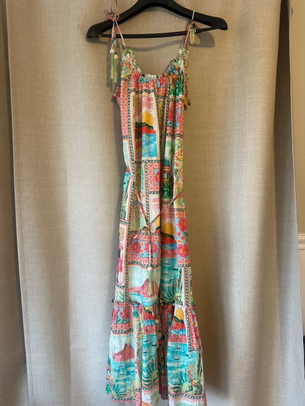 Bila77 Women’s Multicolor Patterned Midi Dress Beaded Straps/Belt Sz L NWT